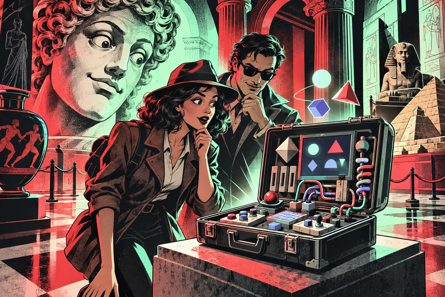 Comic illustration: two detectives investigate a puzzle suitcase while an enormous marble bust looks on in surprise
